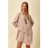 HOXTON GAL Women's Oversized 3/4 Sleeve Layered Top in Beige | Size: 16-18