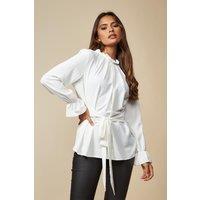 HOXTON GAL Women's Oversized Tie Ruffle Neck Top with Tie Waist Detailed in White | Size: 16-18