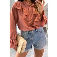 HOXTON GAL Women's Oversized Frilled Front Shirt with Detailed Cuffs in Pink | Size: 20-22