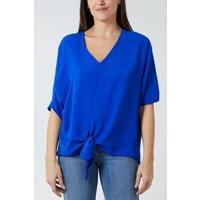 HOXTON GAL Women's Oversized V Neck Tie Detailed Top with 3/4 Sleeves in Royal