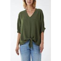 HOXTON GAL Women's Oversized V Neck Tie Detailed Top with 3/4 Sleeves in Khaki