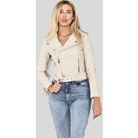 ELAINA FASHION Women's PU Faux Leather Fringed Jacket in Beige | Size: 14