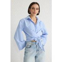 WOVCOR Women's Tie-Front Woven Shirt With Regular Fit in Blue | Size: 8