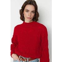 WOVCOR Women's Cable Knit High Neck Cropped Jumper in Red | Size: Large