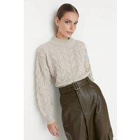 WOVCOR Women's Cable Knit High Neck Cropped Jumper in Stone | Size: Small