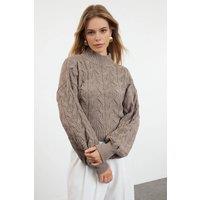 WOVCOR Women's Cable Knit High Neck Cropped Jumper in Taupe | Size: Small