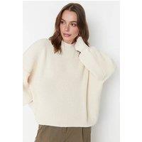 WOVCOR Women's High Neck Oversized Textured Knit Jumper in White | Size: Small