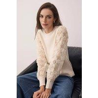 WOVCOR Women's Knitted Crew-Neck Sweater With Sheer Tulle Floral Sleeves in Cream | Size: Large