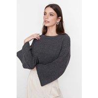 WOVCOR Women's Oversized Knit Crop Sweater With Spanish Sleeve in Grey | Size: Small