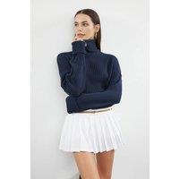 WOVCOR Women's Cropped Ribbed Turtleneck Knit Jumper in Indigo | Size: Small