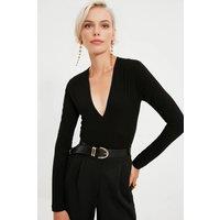 WOVCOR Women's Deep V-Neck Long Sleeve Knit Bodysuit in Black | Size: 6