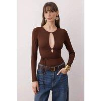 WOVCOR Women's Cut Out Tie Front Long Sleeve Bodysuit in Brown | Size: 10