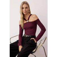 WOVCOR Women's Off Shoulder Halterneck Knit Bodysuit with Gold Detail in Plum | Size: Small