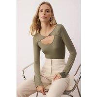 WOVCOR Women's Gold Ring Detail Long Sleeve Knit Bodysuit in Khaki | Size: XL