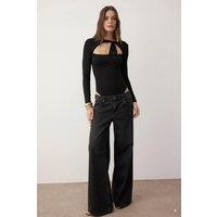 WOVCOR Women's Asymmetric Cut-Out Knit Bodysuit with Tie Neck Detail in Black | Size: 10