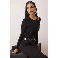 WOVCOR Women's Asymmetric Collar Hook Detail Knit Bodysuit for Parties in Black | Size: 14