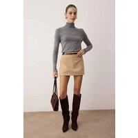 WOVCOR Women's Belted Mini Skirt with Pocket Detail in Taupe | Size: 14