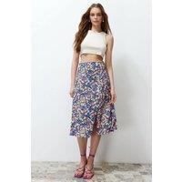 WOVCOR Women's Floral Print Midi Skirt with Side Slit in Blue | Size: 10
