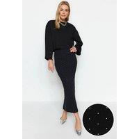 WOVCOR Women's Embellished Knit Maxi Skirt with Stone Detail in Black | Size: Medium