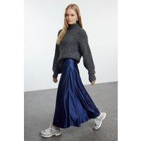 WOVCOR Women's Satin Effect A-Line Midi Skirt in Navy | Size: Small