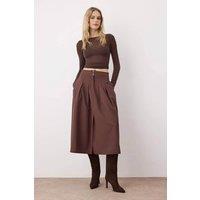 WOVCOR Women's High Waist Pleated Midi Skirt with Button Detail in Brown | Size: 10