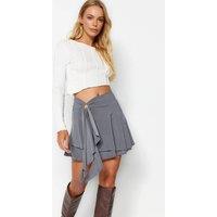 WOVCOR Women's Ruffle Hem Tie Waist Mini Knit Skirt in Grey | Size: Medium