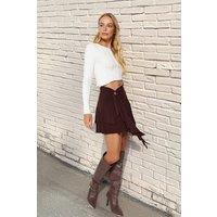 WOVCOR Women's Ruffle Hem Tie Waist Mini Knit Skirt in Brown | Size: Medium