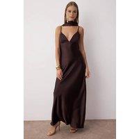 HOXTON GAL Women's Satin Maxi Evening Dress with Spaghetti Straps & Shawl Detail in Brown | Size: 12