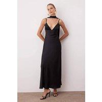 HOXTON GAL Women's Satin Maxi Evening Dress with Spaghetti Straps & Shawl Detail in Black | Size: 10