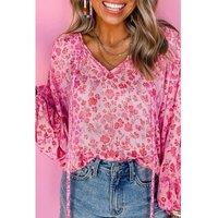 Everyday The Label Women's Pink Floral Puff Sleeve Split Neck Lightweight Blouse Blouses | Size: XL