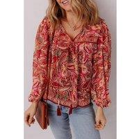 Everyday The Label Women's Multicolour Ethnic Paisley Print Tassel Tie Puff Sleeve Boho Blouse | Size: Large