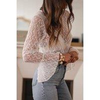 Everyday The Label Women's White Sheer Lace Bell Sleeve Mock Neck Blouse | Size: Medium