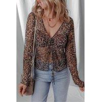 Everyday The Label Women's Multicolour Leopard Sheer Mesh Long Sleeve V Neck Lace-up Blouse | Size: XL