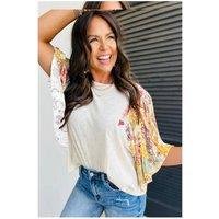 Everyday The Label Women's Beige Floral Patchwork Half Batwing Sleeve Blouse | Size: Small