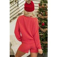 Everyday The Label Women's Racing Red Corded MERRY Graphic Long Sleeve Top & Shorts Set | Size: Medium