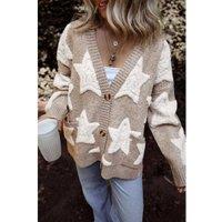 Everyday The Label Women's Khaki Sherpa Star Pattern Textured Sweater Cardigan with Pockets | Size: Large
