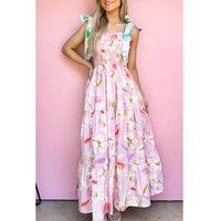 Everyday The Label Women's Pink Floral Print Knotted Shoulder Smocked Maxi Dress | Size: Large