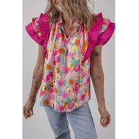 Everyday The Label Women's Pink Floral Layered Ruffle Flutter Sleeve Tie V Neck Blouse Blouses | Size: XL