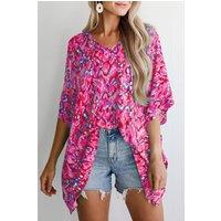Everyday The Label Women's Pink Abstract Print V Neck Half Sleeve Loose Fit Tunic Blouse Blouses | Size: XL