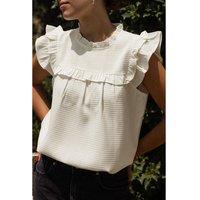 Everyday The Label Women's White Solid Color Ruffle Trim Waffle Knit Blouse Blouses | Size: Large