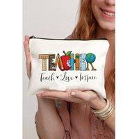 Everyday The Label Women's White TEACHER Graphic Print Zipper Cosmetic Bag