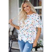 Everyday The Label Women's White Colorful Polka Dot Short Sleeve Tiered Ruffled Babydoll Blouse | Size: Small