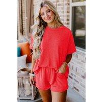 Everyday The Label Women's Orange Ribbed Textured Knit Loose Fit Tee & Shorts Set | Size: Large