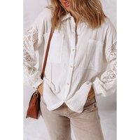 Everyday The Label Women's White Cotton Gauze Lace Patchwork Long Sleeve Shirt | Size: Large