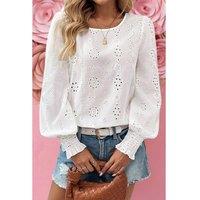 Everyday The Label Women's White Eyelet Embroidered Smocked Cuff Sheer Blouse Blouses | Size: Large