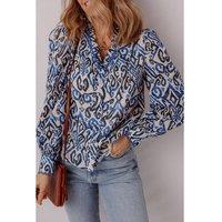Everyday The Label Women's Blue Bohemian Print Embroidered V Neckline Detail Long Sleeve Shirt | Size: Small