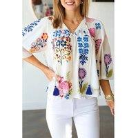 Everyday The Label Women's White Floral Print Tassel Tie Bracelet Sleeve Flowy Blouse Blouses | Size: Small
