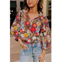Everyday The Label Women's Black Floral 3/4 Puff Sleeve Tied Neck Blouse | Size: Small