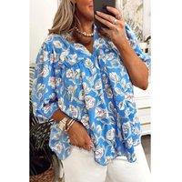 Everyday The Label Women's Sky Blue V Neck Floral Print 3/4 Puff Sleeve Blouse Blouses | Size: Medium