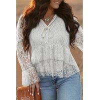 Everyday The Label Women's White Tie V Neck Lace Ruffle Detail Long Sleeve Blouse Blouses | Size: Medium